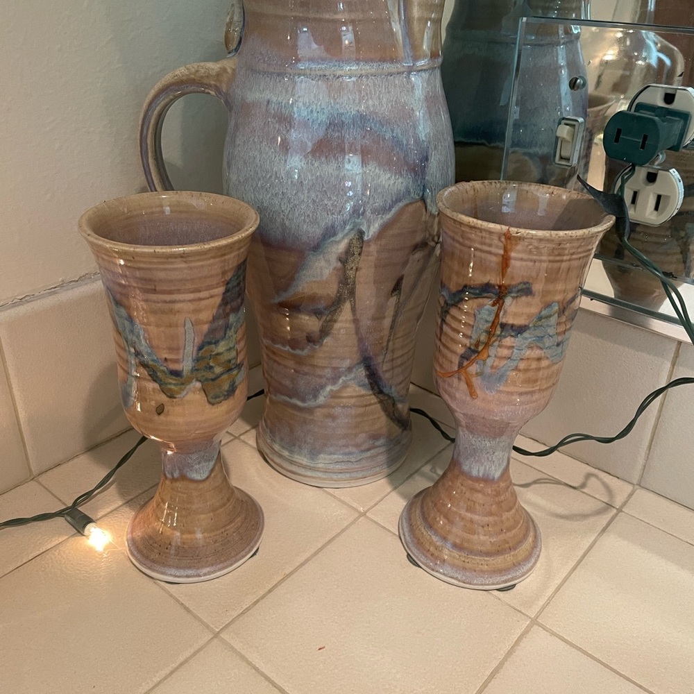 Artisan Multitone Ceramic Wine Goblets - Beige & Blue Set